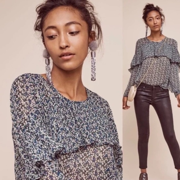 Anthropologie Sunday in Brooklyn Forget Me Not Floral Sheer Ruffle Top - Picture 1 of 14